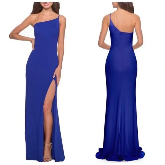 La Femme Royal Blue One-Shoulder Side Slit Jersey Gown - Picture 1 of 1